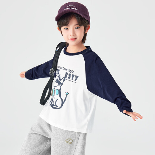 Duojia boys pure cotton long-sleeved 2026 spring and autumn American trendy children's clothing puppy print T-shirt children's breathable and skin-friendly tops