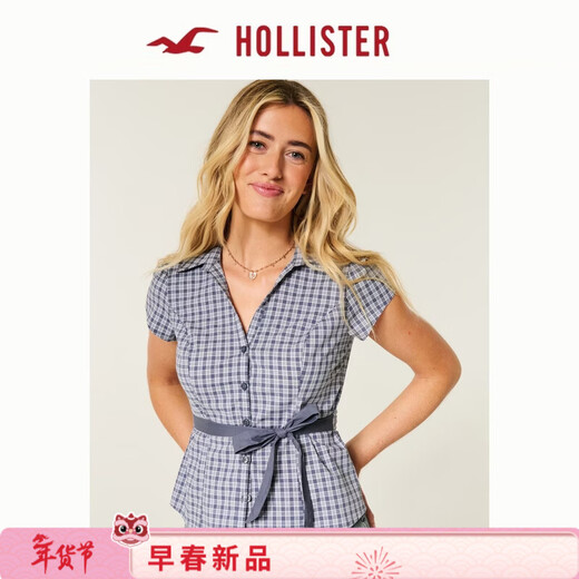 HOLLISTER American waist lace-up slim fit inner short-sleeved shirt 26 spring new women's clothing 340-6070 blue plaid M (165/88A)
