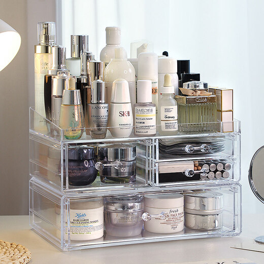 Shijanu new product desktop cosmetics storage box acrylic transparent lipstick box dressing table compartment skin care product mask one-piece three small pumps