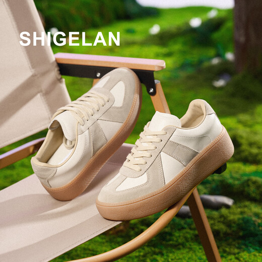 Shilan 2026 new thick-soled height-increasing sneakers, genuine leather stitching, lace-up, versatile casual shoes, fashionable and comfortable women's shoes, off-white 34