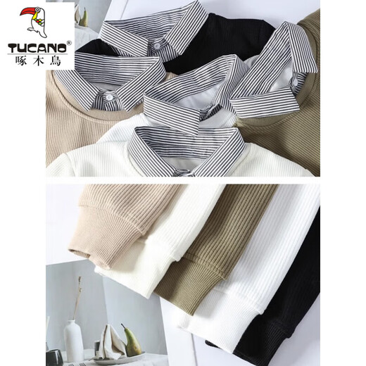 啄木鸟（TUCANO）2025新款秋冬加绒假两件卫衣男宽松潮牌休闲衬衫领内搭打底衫男潮 10736-8947薄款米白色 XL 120-135斤左右