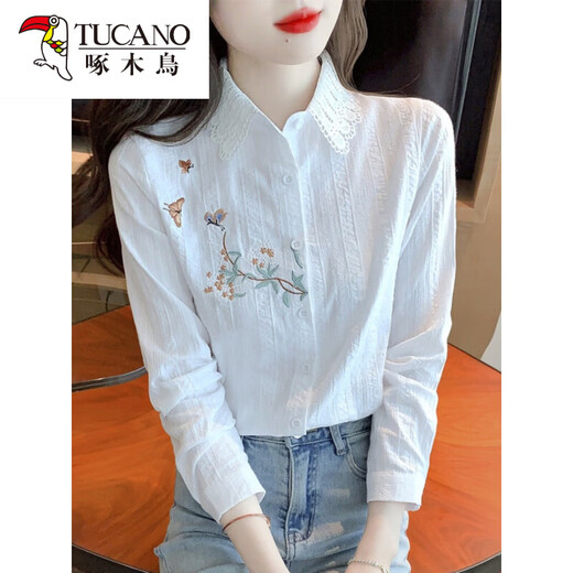Woodpecker (TUCANO) Fashionable Embroidered Cotton Velvet Shirt Women's 2026 Spring and Autumn Clothing New Long Sleeve Cotton Shirt Women's Fashion Tops Blue S