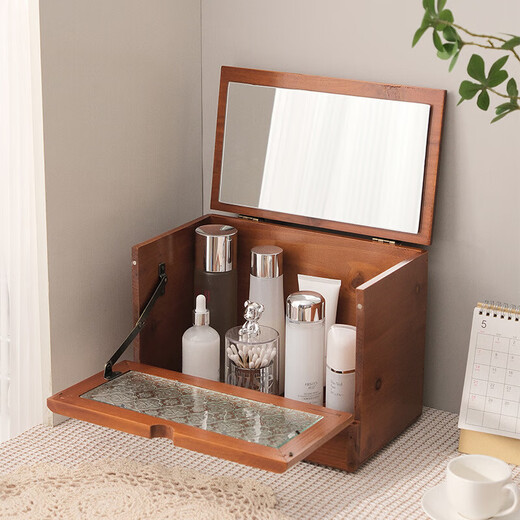 He Jiagong Vipero cosmetic mirror storage box integrated new desktop household cosmetics storage grid retro wooden large capacity default