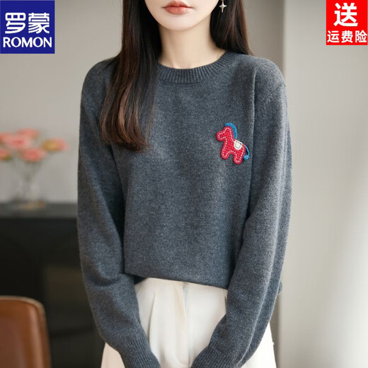 ROMON New Year's natal year cartoon pony age-reducing wool knitted top round-neck autumn and winter jacquard sweater to wear as a base to look slim New Year's red natal year embroidery L
