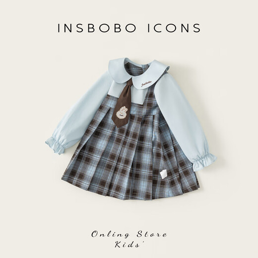 INSBOBO Girls' Dress 2026 Spring New Baby Skirt Children's Spring and Autumn Clothes Good-looking Children's Clothes Trendy Blue Checkered Free Accessories with Order 80