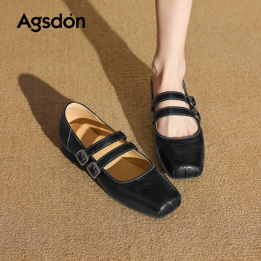 Augu Shiden Mary Jane shoes for women spring new style retro temperament versatile ballet style shallow low heel single shoes square toe pig nose women's shoes P561129 black 35