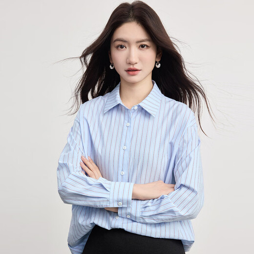 Sllsky blue striped long-sleeved shirt 2026 spring new temperament commuting casual loose shirt top blue striped M