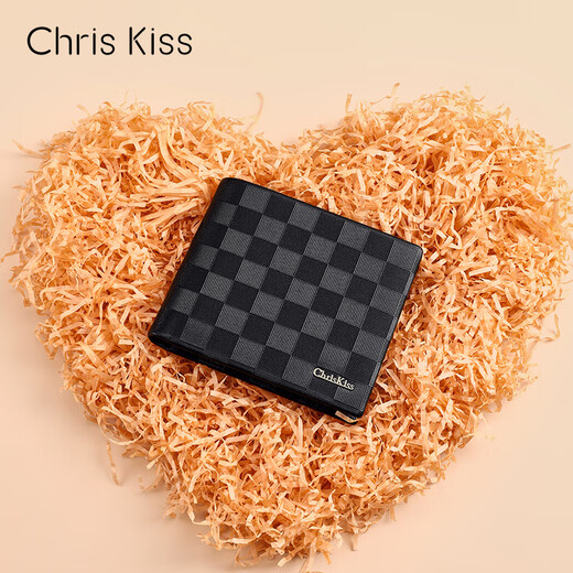 CHRIS KISS男士钱包男真皮短款皮夹时尚钱夹高档实用生日礼物送男友老公爸爸 格纹/专柜礼盒/头层牛皮