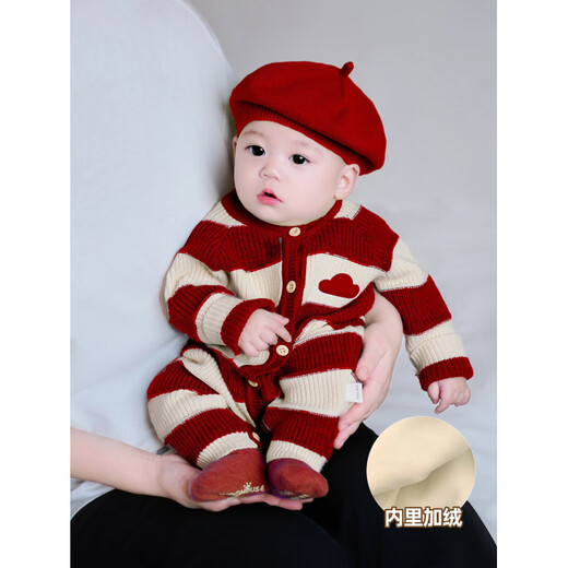 Disney Baby Clothes Autumn and Winter Jumpsuit Baby Knitted Wool Romper Suit Newborn Full Moon 100 Days One Year Old Suit Jumpsuit + Hat + Socks (plus fleece) 36cm 66