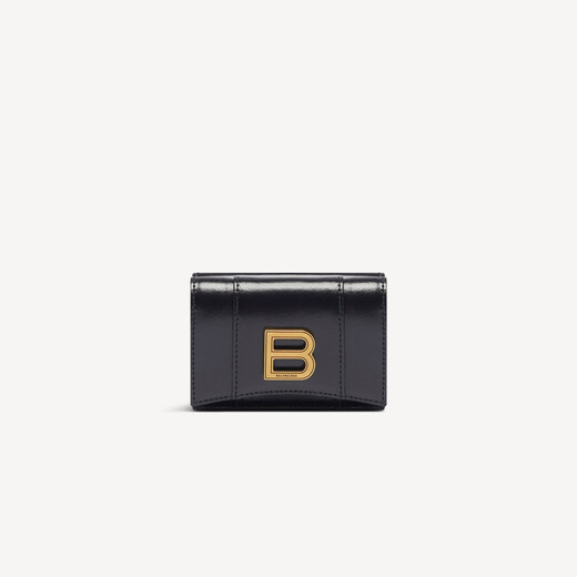 BALENCIAGA HOURGLASS Women's Black Smooth Calf Leather Flip Mini Wallet Black Mini