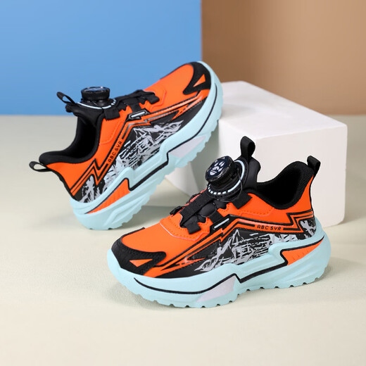 Chiyun Boys' Shoes 2026 Autumn and Winter Waterproof Leather Children's Sports Shoes Lightweight Medium and Large Children's Running Shoes Black Orange 31