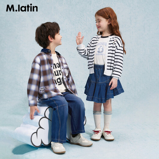 M.Latin Shopping mall same style M.Latin children's shirt 26 spring new style boys' denim splicing long-sleeved shirt Navy blue 130