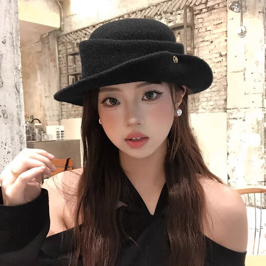 Time Bird Top Hat Women's Hepburn Style Hat Black Thousand Gold Style Autumn and Winter French Elegant Face Revealing Small Curly Woolen Fisherman Hat Black Head Circumference 56-58cm