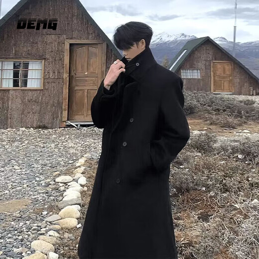 OEMG mid-length woolen coat men's autumn and winter high-end woolen over-the-knee Korean style lazy wind handsome windbreaker jacket black XL recommended 125-140Jin Jin equals 0.5 kg