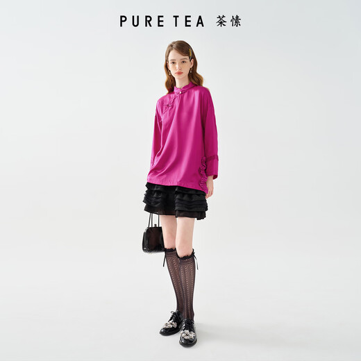 PURE TEA New Year Series puretea tea glossy Chinese style plate button cheongsam collar top for women 2026 Spring New Year Rose Red M