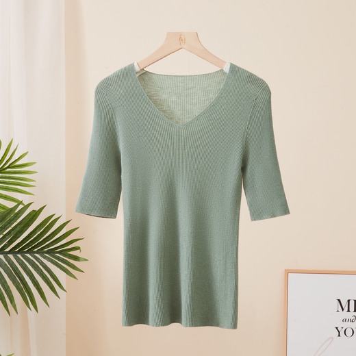 Chunzhu spring new Shima Seiki 18-needle worsted seamless sheep wool blended V-neck slim half-sleeved woolen sweater for women Monica M 95CM