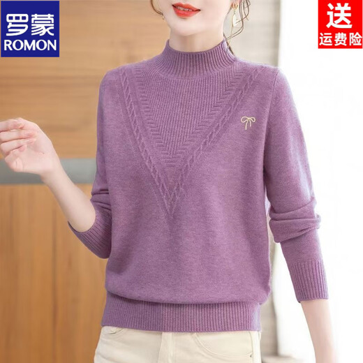 ROMON's 26 popular new women's woolen half turtleneck loose knitted sweater for middle-aged mothers autumn and winter pullover bottoming shirt purple L (recommended 80-95Jin Jin equals 0.5 kg)