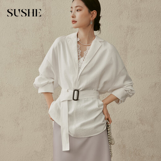SUSHE Japanese luxury style lace splicing fake two-piece V-neck white suit shirt top for women, white S