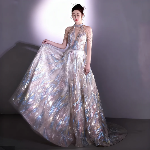 Flash Girl 2025 New French Halter Evening Dress for Women Light Luxury Niche High-end Texture Bridal Engagement Dress Picture Color M