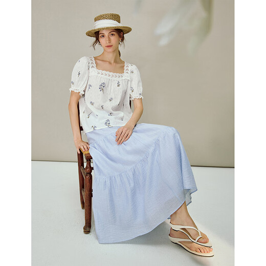 INMAN French floral lace stitching square neck babydoll 2026 spring women's new embroidered top salt white S