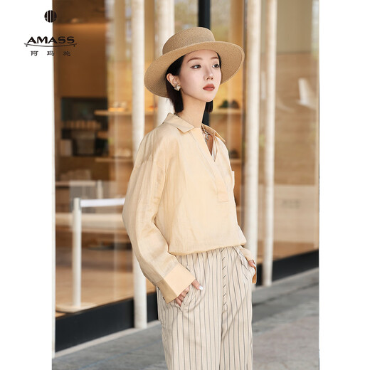 Amash new fashion simple casual long-sleeved profile lapel ramie shirt for women 530074 Khaki (73) S (2)