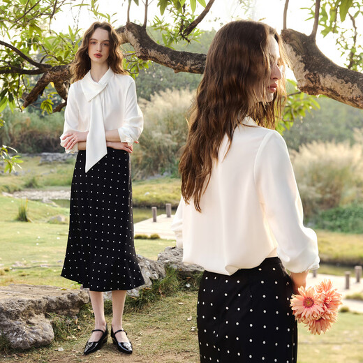 Olrain French design streamer long-sleeved shirt women's spring new temperament shirt top off-white S