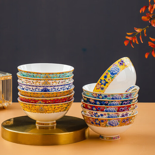 He Jiagong high-footed porcelain bowl, household ceramic rice bowl, new bowl and dish set, eating bowl, tableware, Jingdezhen instant noodle bowl, soup bowl, Fuyingmen ceramic bowl, 10 pieces (red style), free 10 pairs of chopsticks 4.9 inches