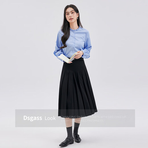 Dajiashi Blue Shirt Women's Spring Round Neck Wooden Ear Design Small Shirt Women's Sweet Puff Sleeve Shirt Blue S 155/80A