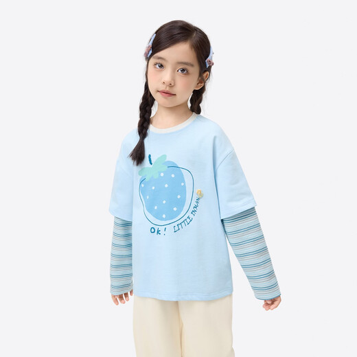 Xiaoyinman children's clothing girls' pure cotton long-sleeved T-shirt with fruit print 26 spring medium and large children's round neck casual top light blue 140