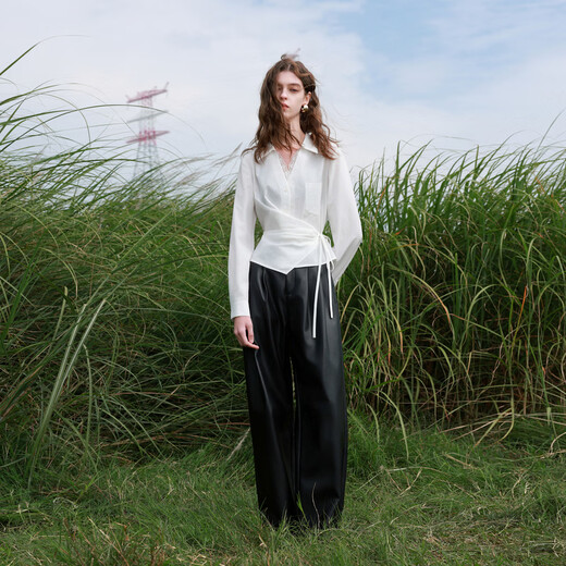 Sancai 2026 spring new lace splicing shirt deconstructed strappy shirt design for women Pearl White S 155/80A