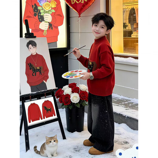 Mu Yunlan Boys New Year's Clothes Sweater Set 2026 New Year of the Horse New Year's Wear Sweater Wide Leg Jeans Two-piece Set Single Sweater 120 cm