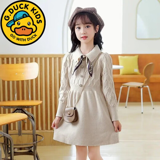 G.duck Little Yellow Duck Girls Dress Autumn and Winter Korean Style Children's Knitted New Year's Long Sleeve Sweater Skirt Children's Clothing Apricot 130 Recommended 120-130cm7-8 years old