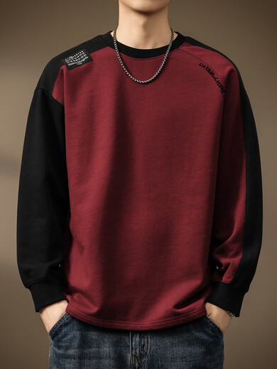 Noble color high-end heavyweight spliced long-sleeved T-shirt for men in spring and autumn pure cotton American bottoming top loose sweatshirt burgundy plus velvet 2XL suitable for 160-180Jin Jin equals 0.5 kg