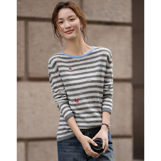 Demana sheep wool spring intellectual college striped beaded embroidered sweater off-shoulder petite women's sweater