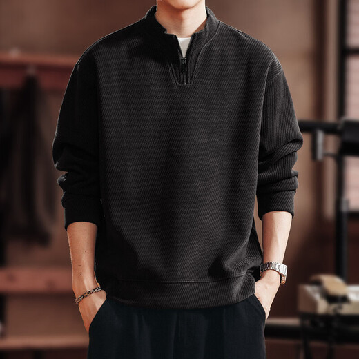 Green Deer high-end retro high-end half-zip long-sleeved sweatshirt men's spring and autumn casual tops black L suitable for 120-140Jin Jin equals 0.5 kg