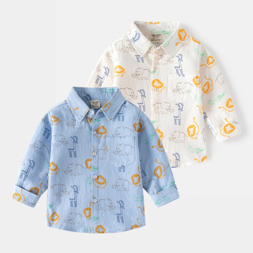G.duck children's clothing spring boys long-sleeved cotton shirt children's cartoon shirt lapel brushed shirt trendy light blue zoo shirt 90 cm
