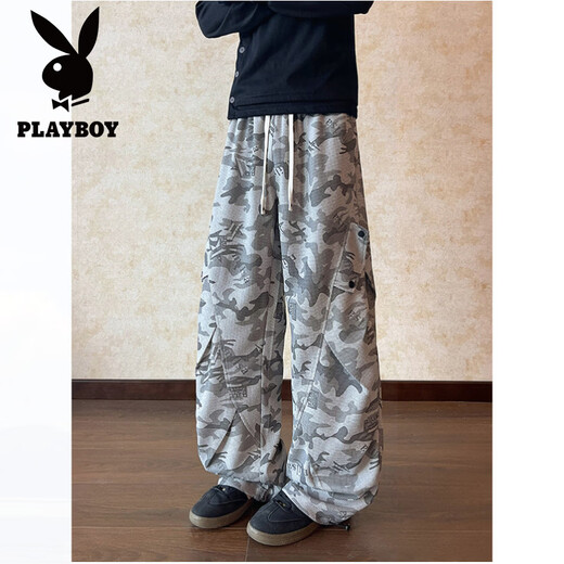 Playboy (PLAYBOY) American high street pleated casual pants for men in spring, plus size, trendy fat people, loose drawstring straight wide leg camouflage pants, gray M