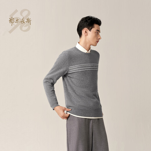 Ordos 1980 machine washable new pure cashmere round neck embroidered men's comfortable cashmere sweater 26 early spring elegant gray M 170/92A