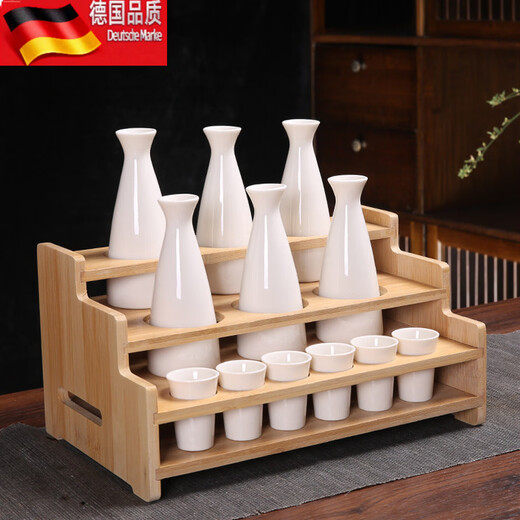 Tuojin ceramic small wine pot household wine warmer set 2 liang white (6 pots 6 cups) + four-layer wine rack_(the flower surface can be noted)