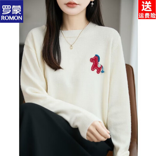 ROMON New Year's natal year cartoon pony age-reducing wool knitted top round-neck autumn and winter jacquard sweater to wear as a base to look slim New Year's red natal year embroidery L