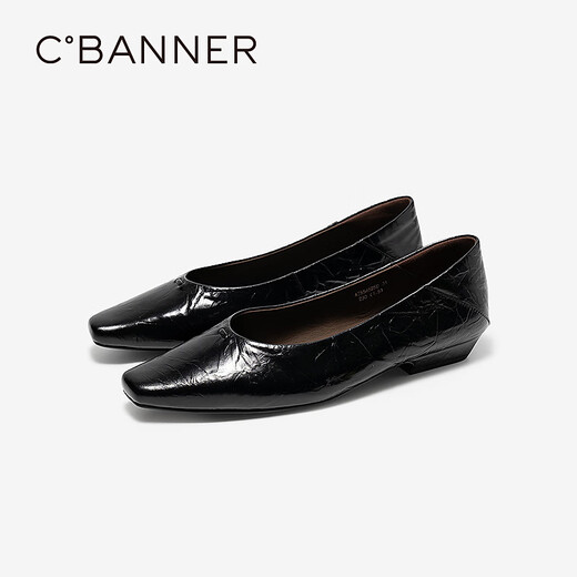 C.BANNER Low Heel Square Toe Shallow Mouth Shoes Women's 2026 Spring New Genuine Leather Commuting Flat Shoes Black 36 (230mm)
