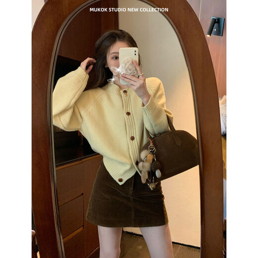 MUKOK raglan sleeve soft waxy sweater, high-end autumn and winter new style, versatile and versatile knitted cardigan, beige S