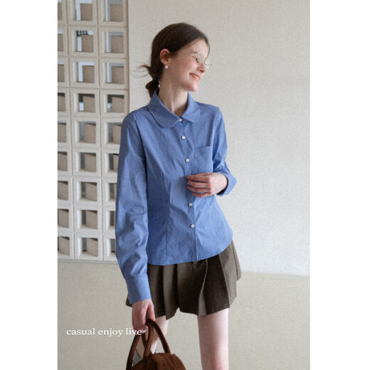 EGGKA temperament lapel waist design slimming simple long-sleeved shirt E26A60116YM Blue Check M