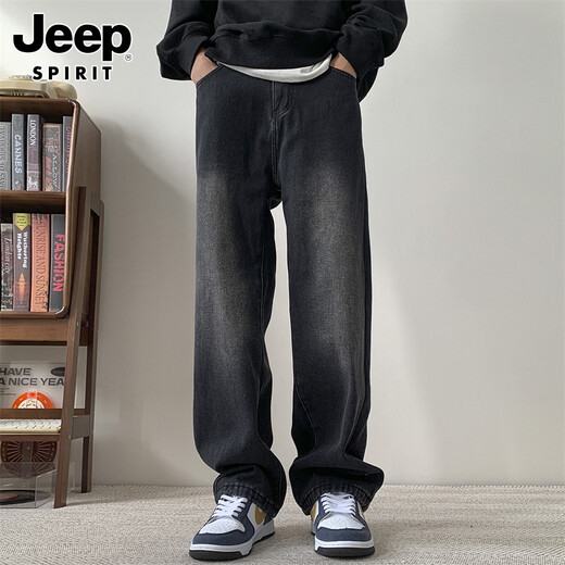 JEEP SPIRIT Jeep velvet thickened jeans men's winter loose straight wide-leg casual pants smoke velvet XL