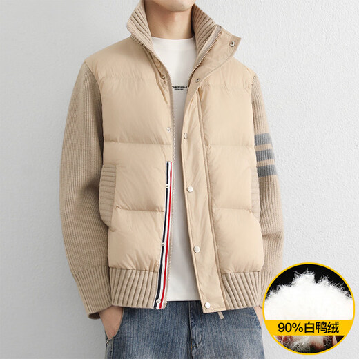 KBXNG Jinba New Year's New Thin Stand Collar Men's Down Jacket Winter Trendy Brand Handsome Knitted Splicing Warm Thickened Jacket Apricot M 125Jin Jin is equal to 0.5 kg within