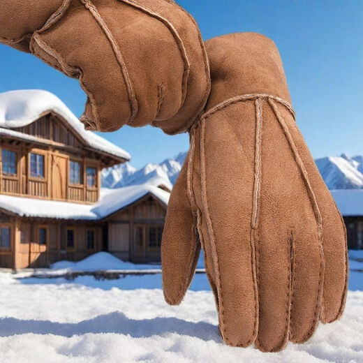 Fantasy German imported high-quality suede leather gloves for men and women, outdoor men's five-finger shearling thickened style, one-piece fur, green outer cover + extra large sheepskin liner, standard fur (regardless of thickness)
