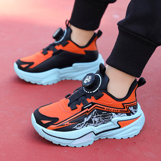 Chiyun Boys' Shoes 2026 Autumn and Winter Waterproof Leather Children's Sports Shoes Lightweight Medium and Large Children's Running Shoes Black Orange 31