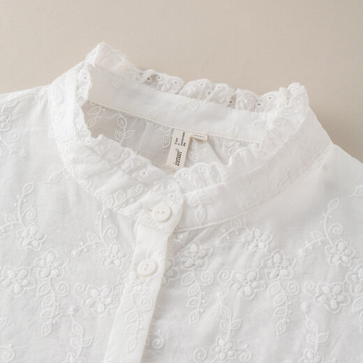 INMAN pure cotton French lace stand-up collar shirt for women 2026 spring commuting temperament high-end embroidered long-sleeved shirt off-white S