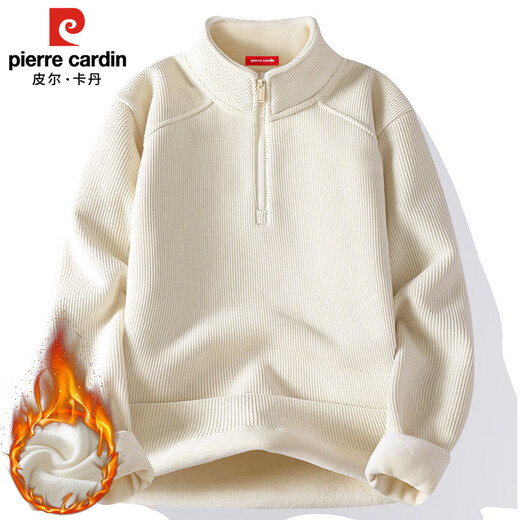 Pierre Cardin half-zip sweatshirt for men in autumn and winter loose half turtleneck long-sleeved T-shirt for men with fleece warm base layer off-white XL