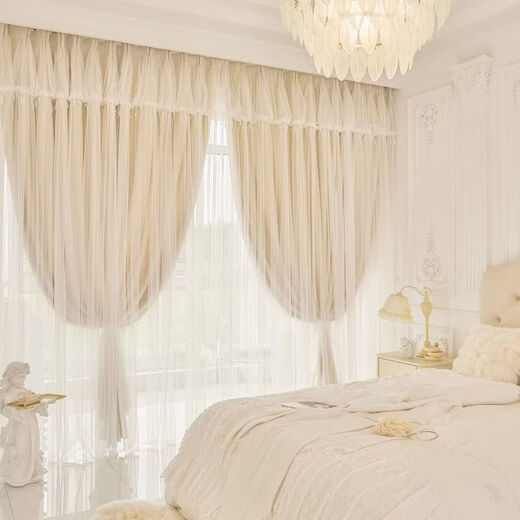 Fantasy double-layer blackout curtain cloth and gauze integrated princess style French milk tea color ins internet celebrity lace gauze hook-type finished product. Popular recommendation - gray cloth + gauze, free curtain head, Korean pleats, 3 meters open, 2.7 meters high (1.5*2.7 two pieces)
